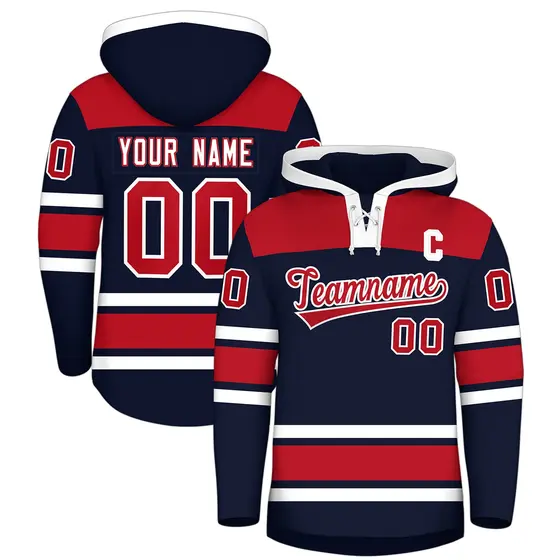 Navy Red Raglan Lace-Up Neck Hockey Hoodie Jersey