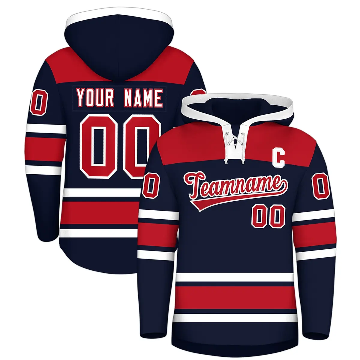 Navy Red Raglan Lace-Up Neck Hockey Hoodie Jersey
