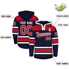 Navy Red Raglan Lace-Up Neck Hockey Hoodie Jersey 2