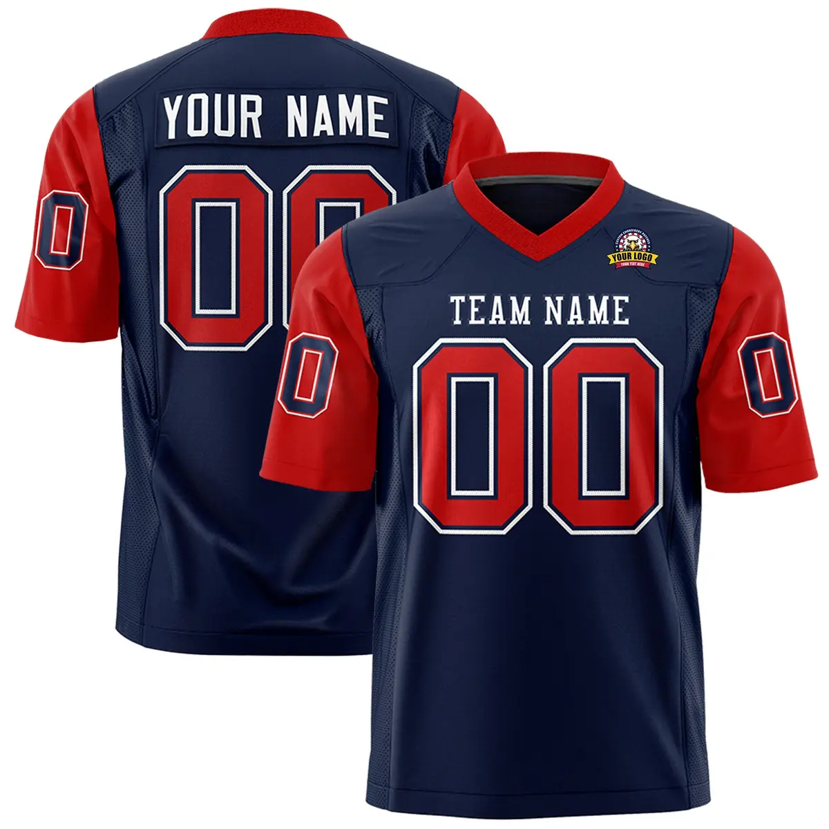 Navy Red Raglan Sleeves Design Football Jersey