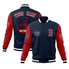 Navy Red Raglan Sleeves Full-Snap Varsity Letterman Jacket