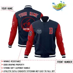 Navy Red Raglan Sleeves Full-Snap Varsity Letterman Jacket 4