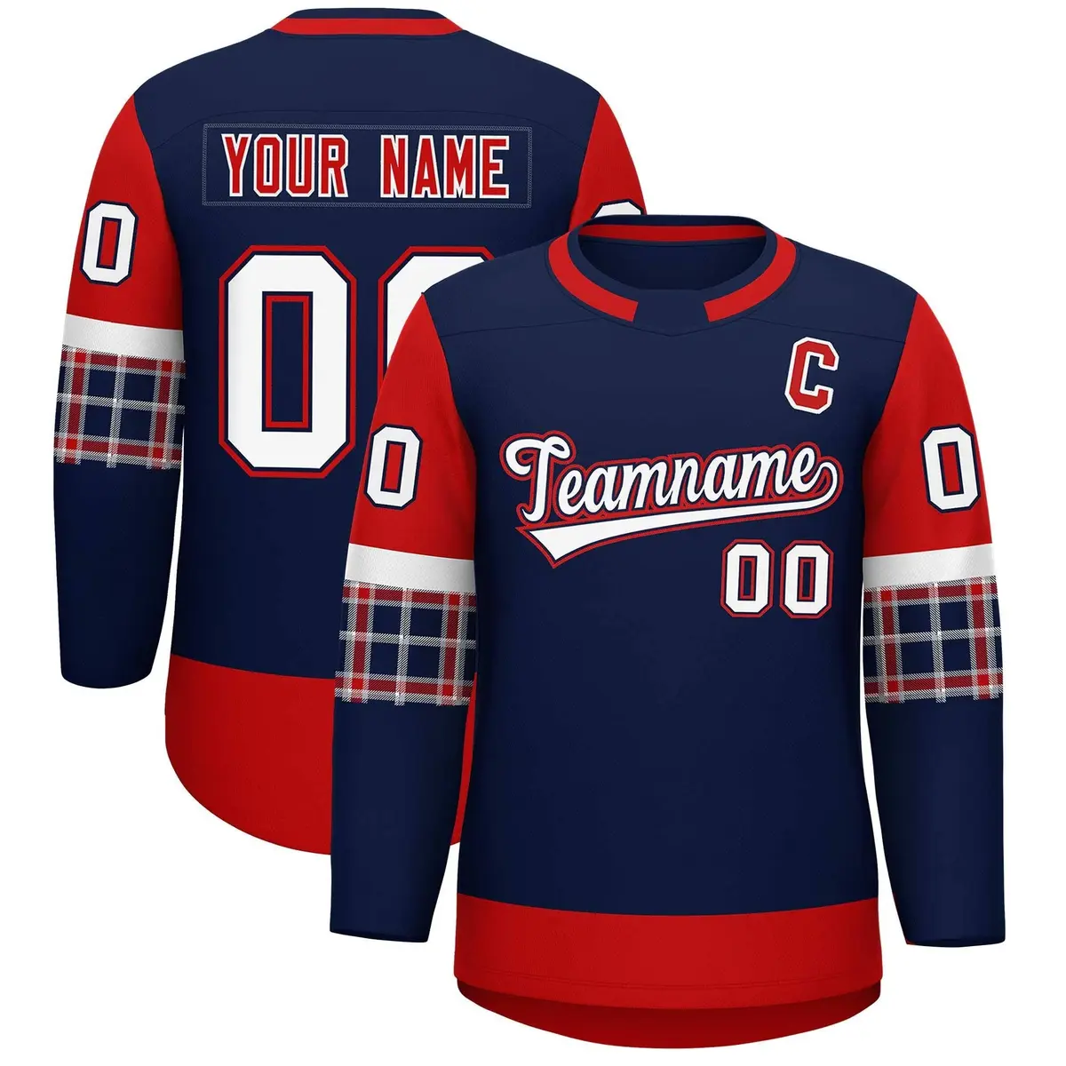 Navy Red Raglan Sleeves Round-Neck Hockey Jersey