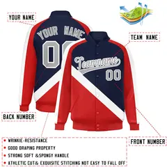 Navy Red Raglan Varsity Full-Snap Letterman Baseball Jacket 2