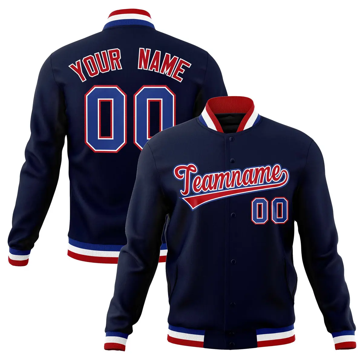 Navy Red-Royal Classic Varsity Full-Snap Letterman Jacket