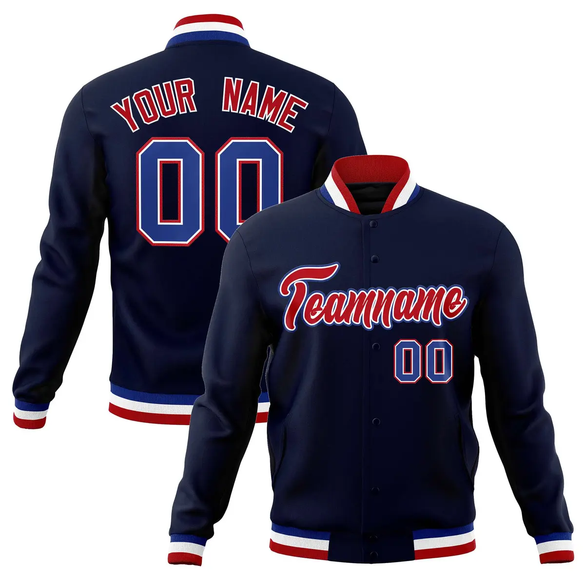 Navy Red-Royal Classic Varsity Full-Snap Letterman Jacket