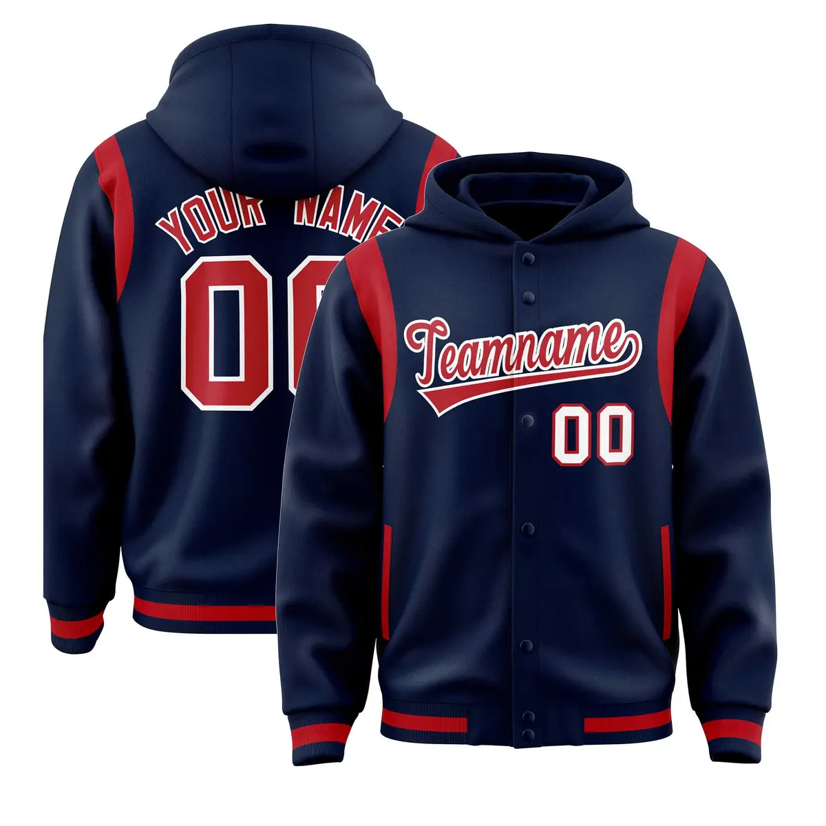 Navy Red Shoulder Color Block Varsity Letterman Jacket Hoodie