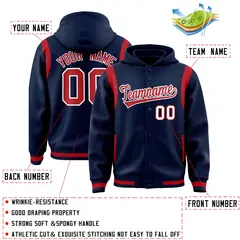 Navy Red Shoulder Color Block Varsity Letterman Jacket Hoodie 4