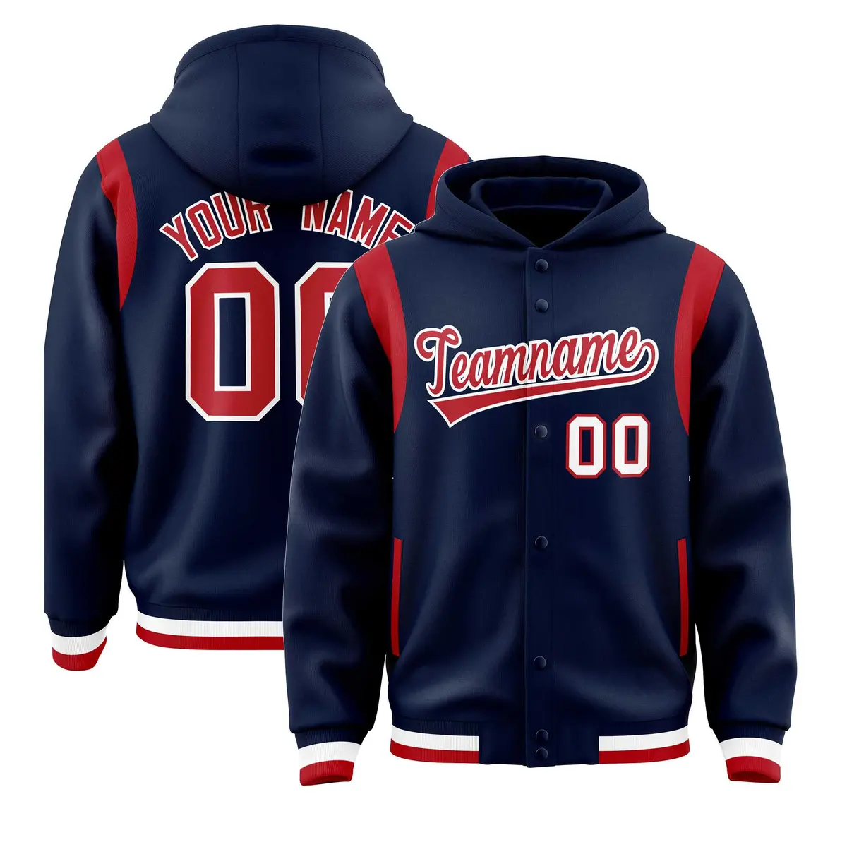Navy Red Shoulder Color Block Varsity Letterman Jacket Hoodie