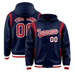 Navy Red Shoulder Color Block Varsity Letterman Jacket Hoodie 1