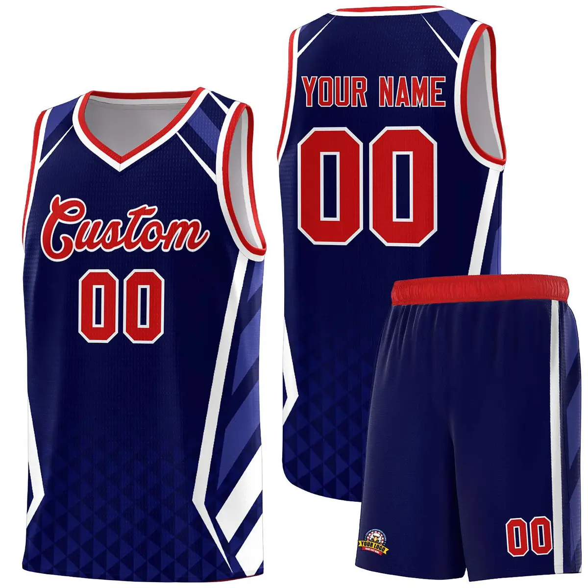 Navy Red Side Slash Diamond Pattern Basketball Jersey