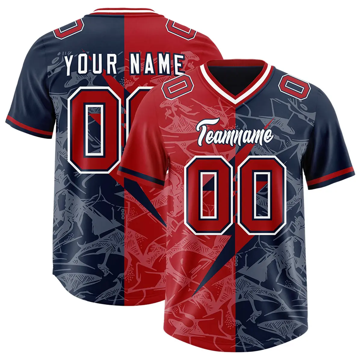 Navy Red Split Lightning Pattern Football Jersey
