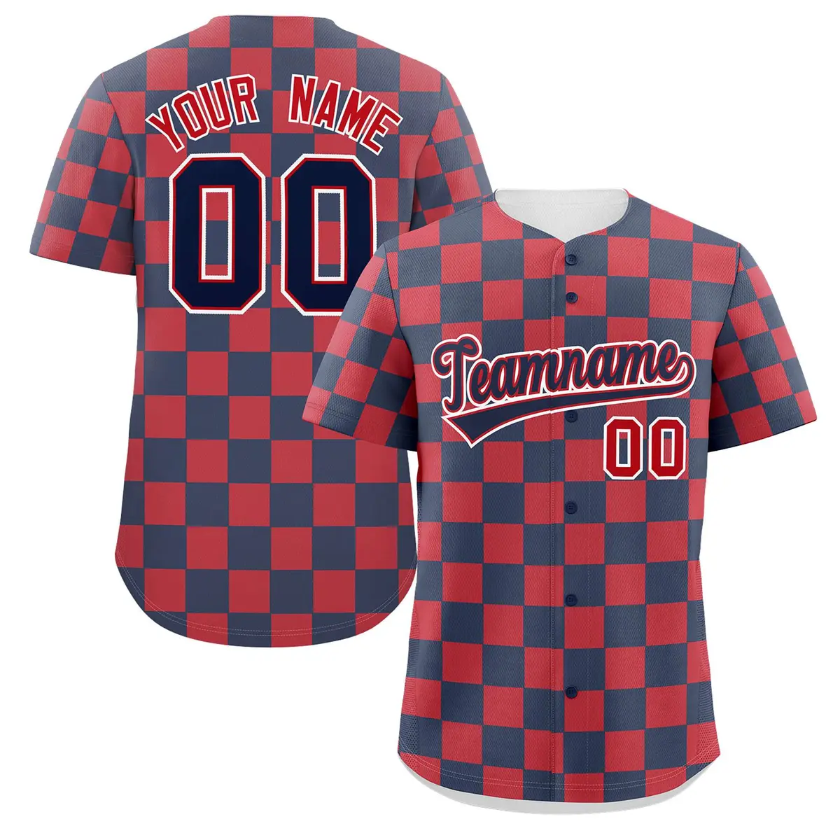 Navy Red Square Grid Color Block Baseball Jersey