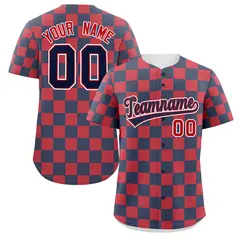 Navy Red Square Grid Color Block Baseball Jersey