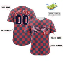 Navy Red Square Grid Color Block Baseball Jersey 2