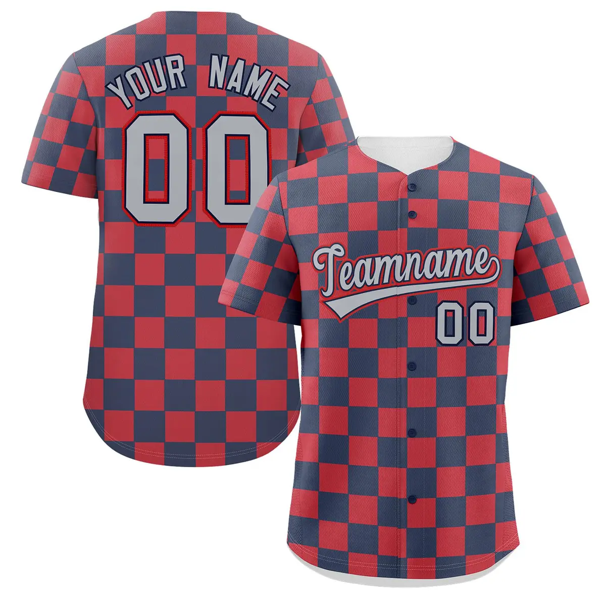 Navy Red Square Grid Color Block Baseball Jersey