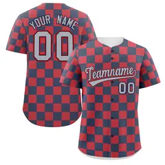 Navy Red Square Grid Color Block Baseball Jersey