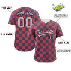 Navy Red Square Grid Color Block Baseball Jersey 2