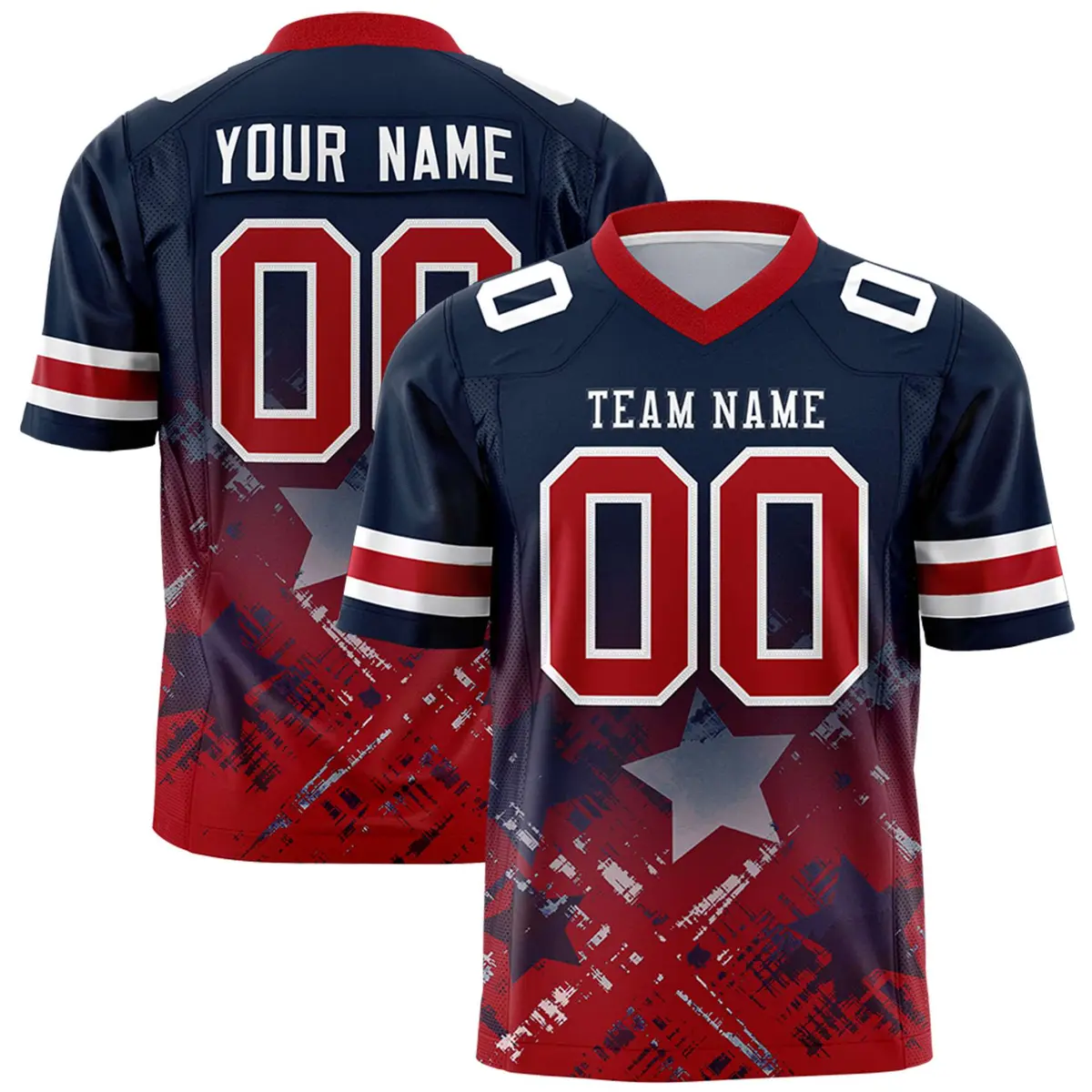 Navy Red Star Gradient Flag Football Jersey