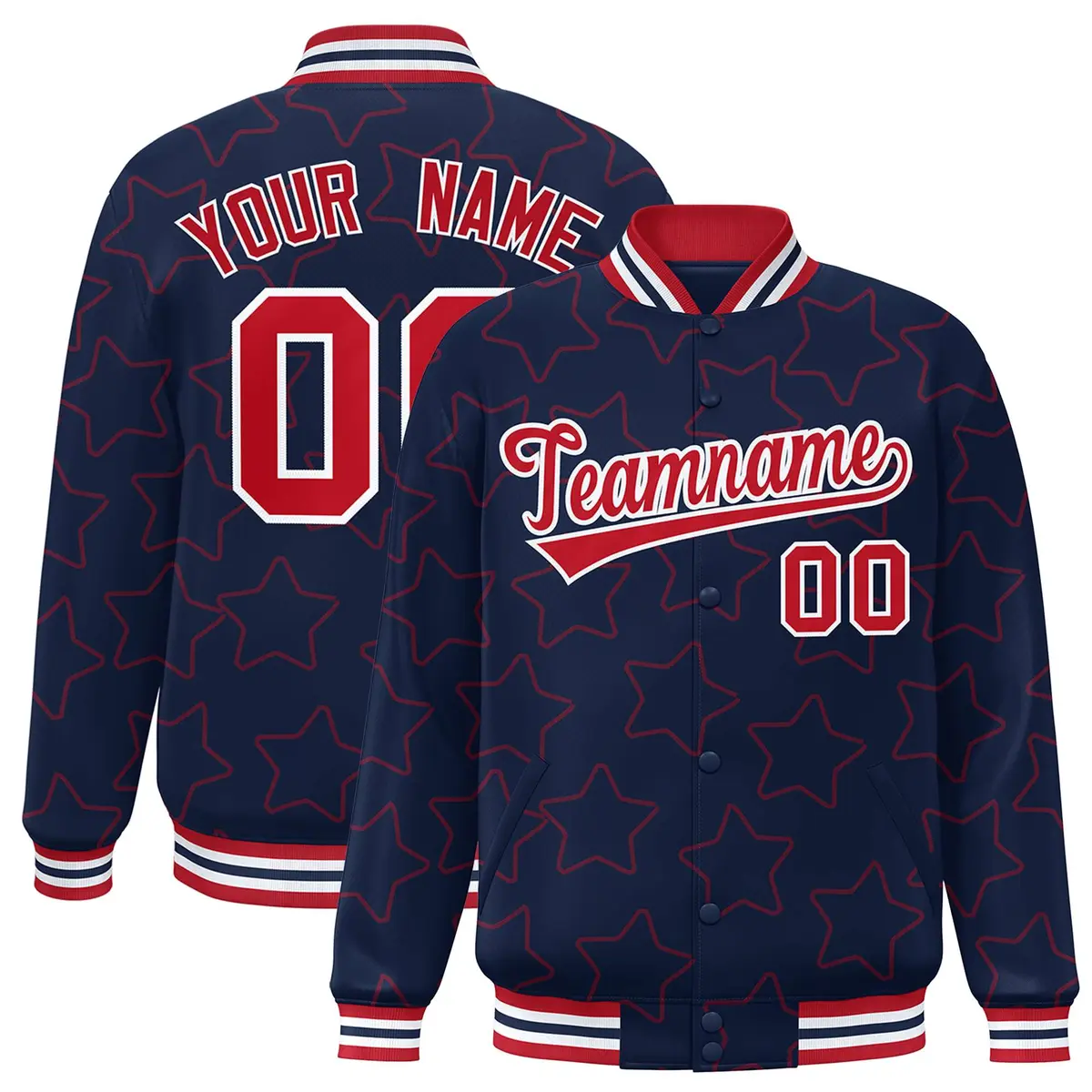 Navy Red Star Pattern Varsity Full-Snap Letterman Baseball Jacket