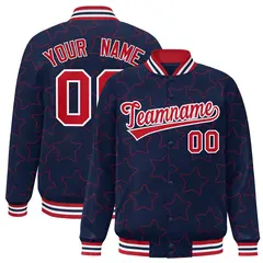 Navy Red Star Pattern Varsity Full-Snap Letterman Baseball Jacket