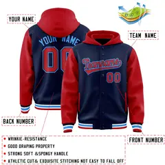 Navy Red Two Tone Full-Snap Raglan Sleeves Varsity Letterman Jacket Hoodie 4