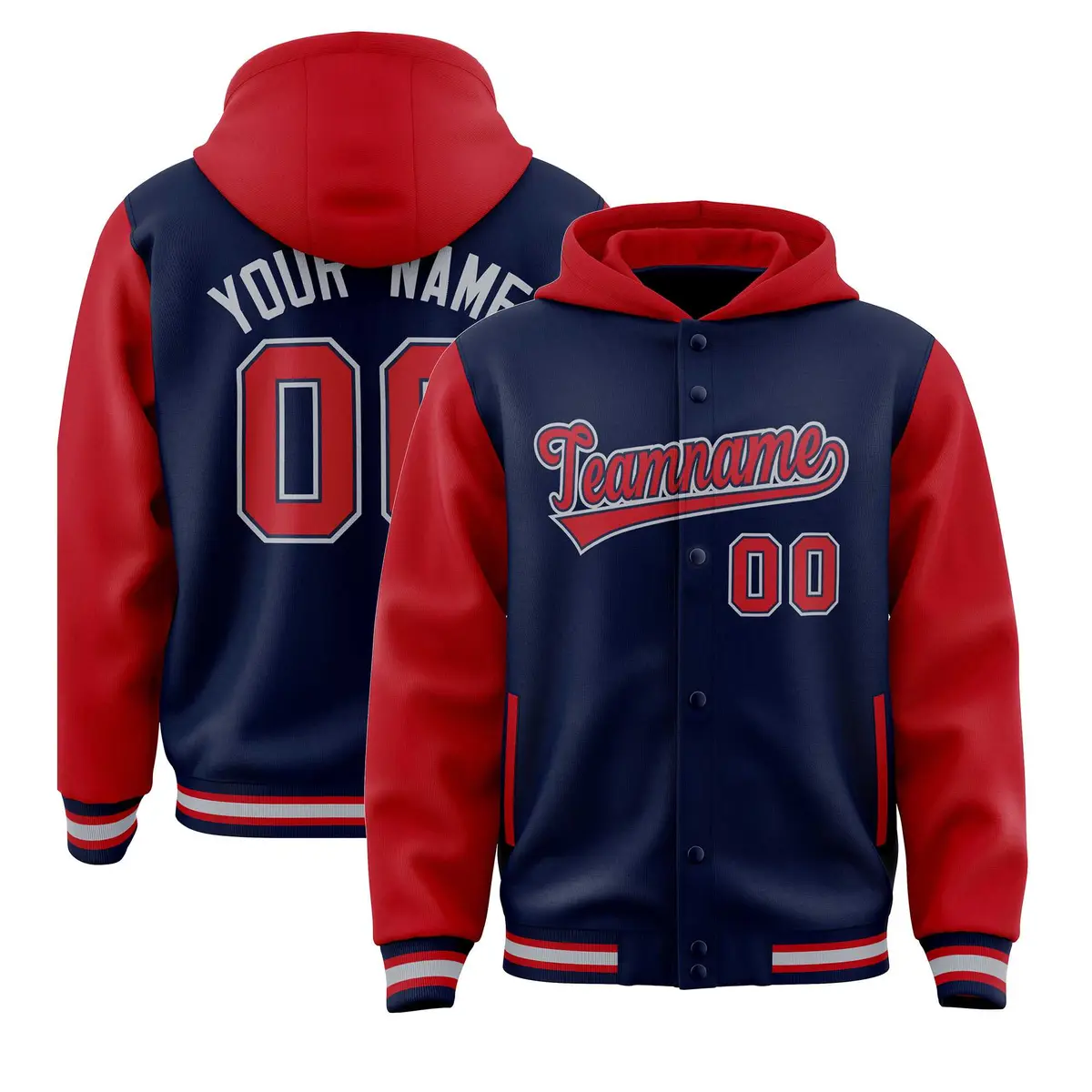 Navy Red Two Tone Full-Snap Raglan Sleeves Varsity Letterman Jacket Hoodie