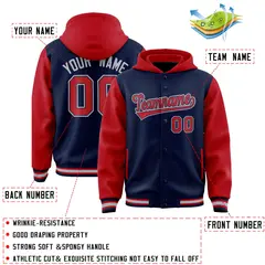 Navy Red Two Tone Full-Snap Raglan Sleeves Varsity Letterman Jacket Hoodie 4