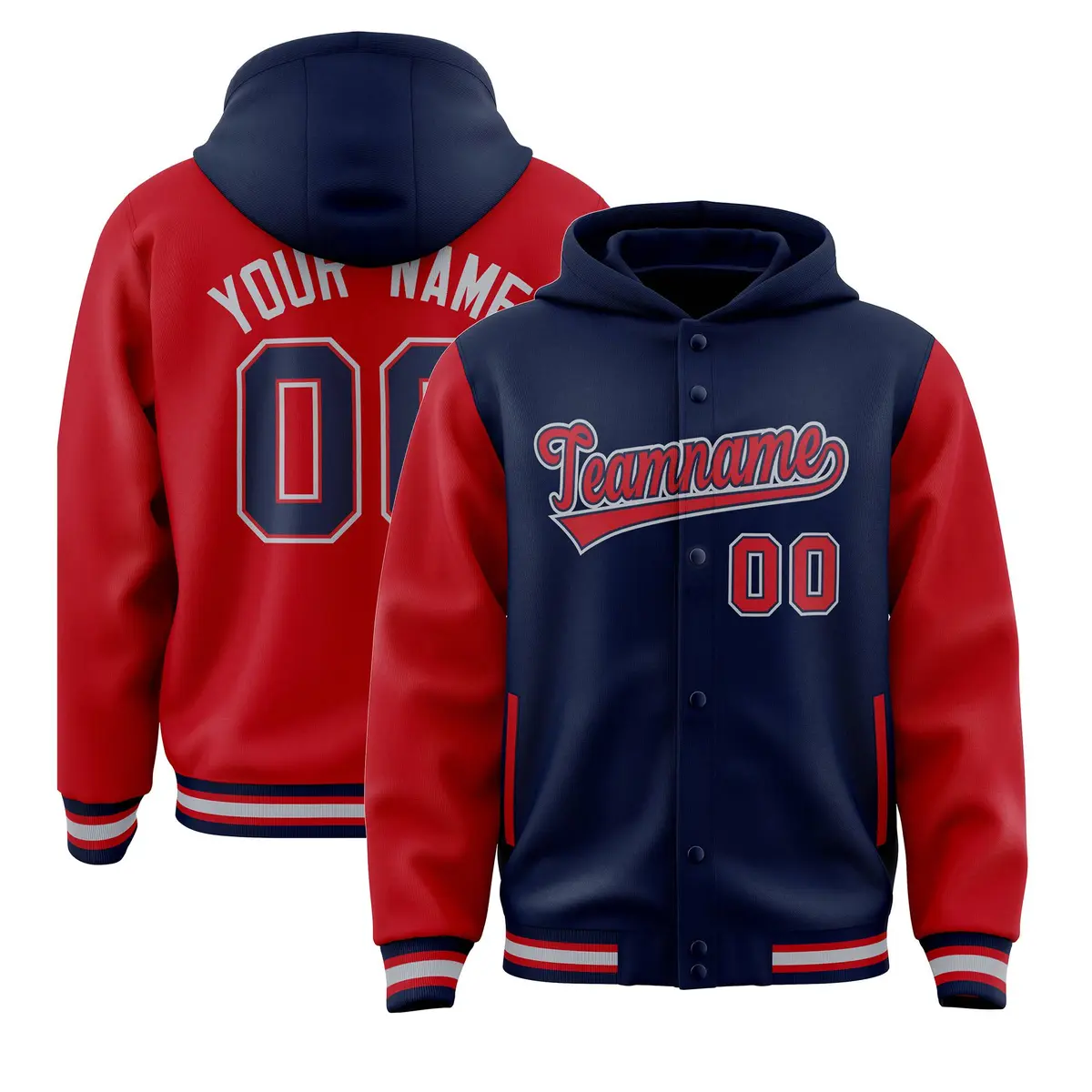 Navy Red Two Tone Full-Snap Raglan Sleeves Varsity Letterman Jacket Hoodie