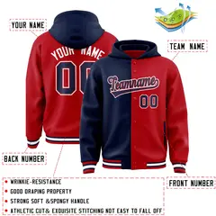 Navy Red Two Tone Split Full-Snap Varsity Letterman Hoodie Jacket 4