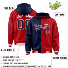 Navy Red Two Tone Split Full-Snap Varsity Letterman Hoodie Jacket 4