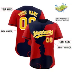 Navy Red Valentine's Day Couple Silhouettes Baseball Jersey 3