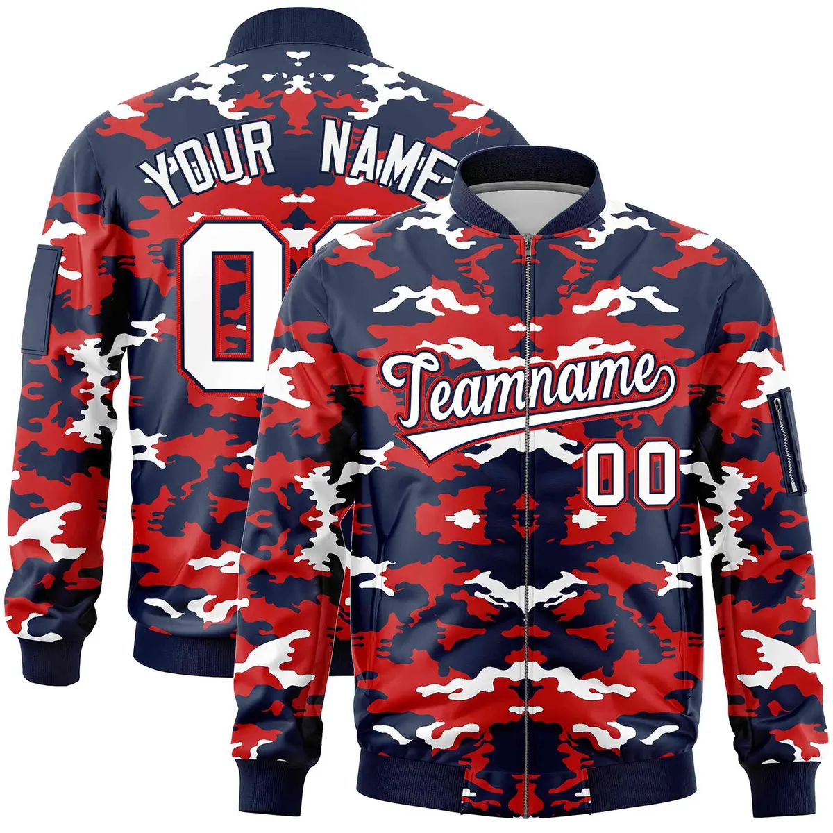 Navy Red-White Camo Varsity Full-Zip Letterman Bomber Jacket