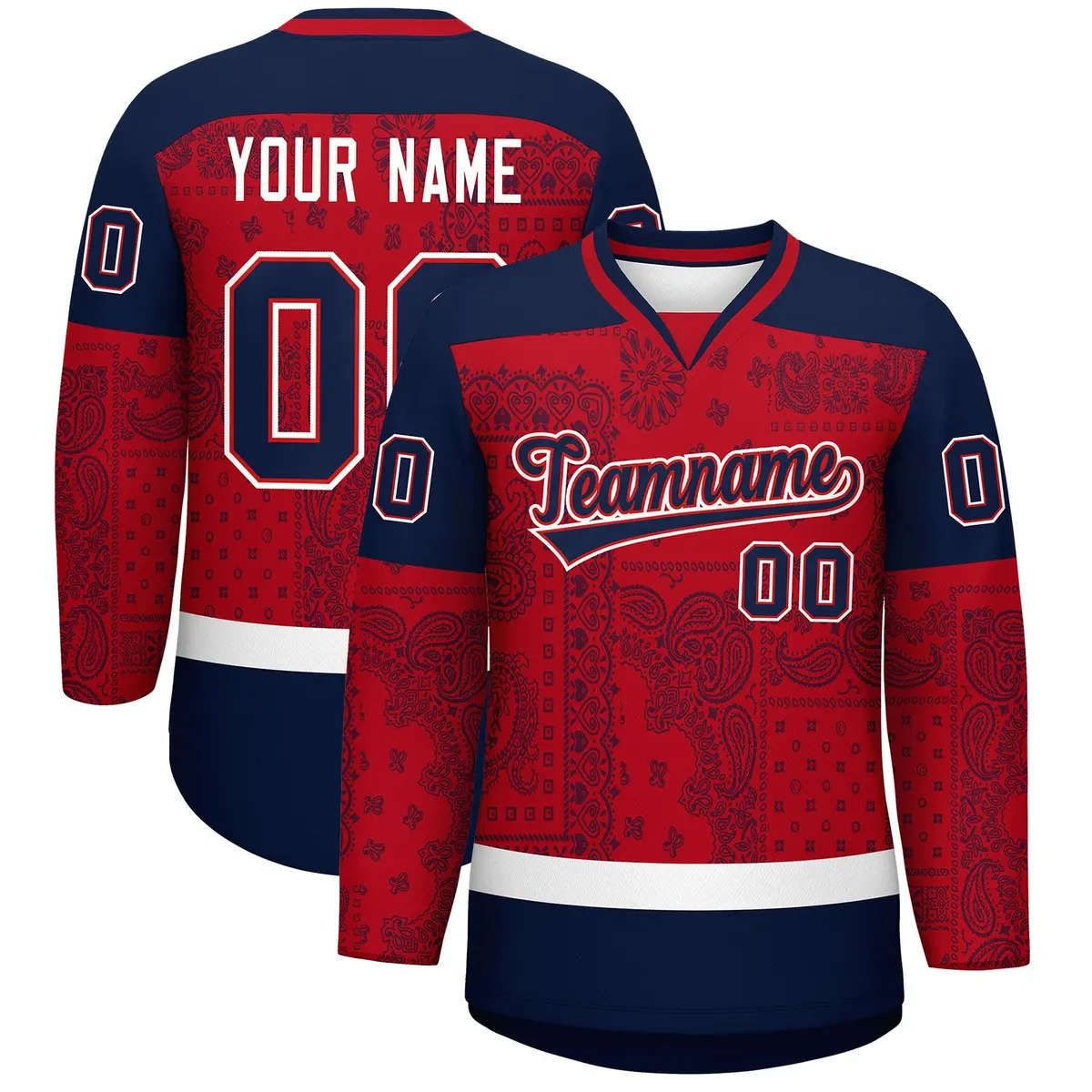 Navy Red White Cashew Flower Graffiti V-Neck Hockey Jersey