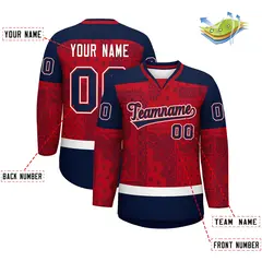 Navy Red White Cashew Flower Graffiti V-Neck Hockey Jersey 2
