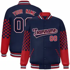 Navy Red-White Checkered Color Block Bomber Varsity Jacket 1