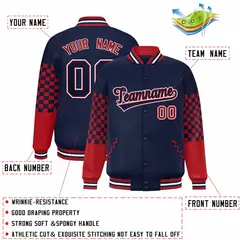 Navy Red-White Checkered Color Block Bomber Varsity Jacket 2