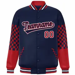 Navy Red-White Checkered Color Block Bomber Varsity Jacket 3