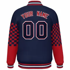 Navy Red-White Checkered Color Block Bomber Varsity Jacket 4