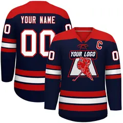 Navy Red White Classic Lace-Up Neck Hockey Jersey
