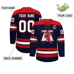 Navy Red White Classic Lace-Up Neck Hockey Jersey 2