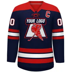 Navy Red White Classic Lace-Up Neck Hockey Jersey 3