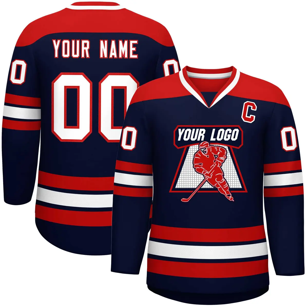 Navy Red-White Classic V-Neck Hockey Jersey