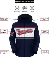 Navy Red-White Color Block Outdoor Hooded Waterproof Jacket 2