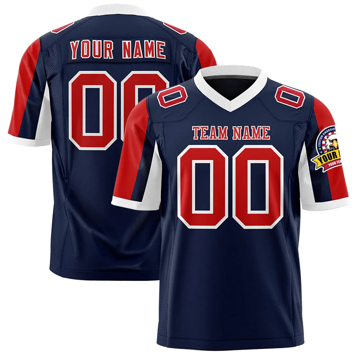 Navy Red-White Color Block Raglan Sleeves Football Jersey