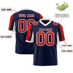 Navy Red-White Color Block Raglan Sleeves Football Jersey 2