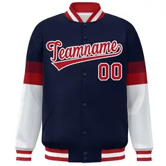Navy Red-White Color Block Varsity Full-Snap Baseball Jacket 3