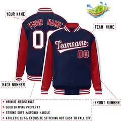 Navy Red-White Color Block Varsity Full-Snap Baseball Jacket 2