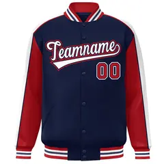 Navy Red-White Color Block Varsity Full-Snap Baseball Jacket 3