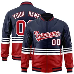 Navy Red-White Color Block Varsity Letterman Bomber Jacket 1